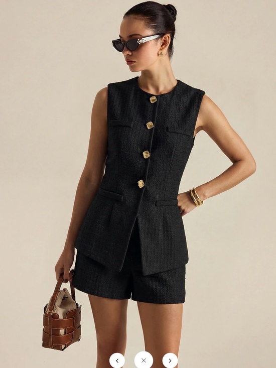 Commense Pants - Commense Metal Button Tweed Vest & Shorts Set BLACK - Large